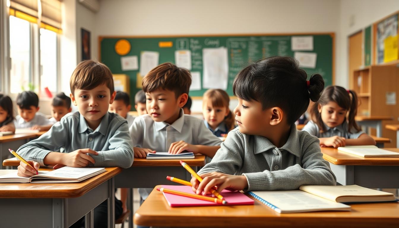 Students studying together in modern classroom
